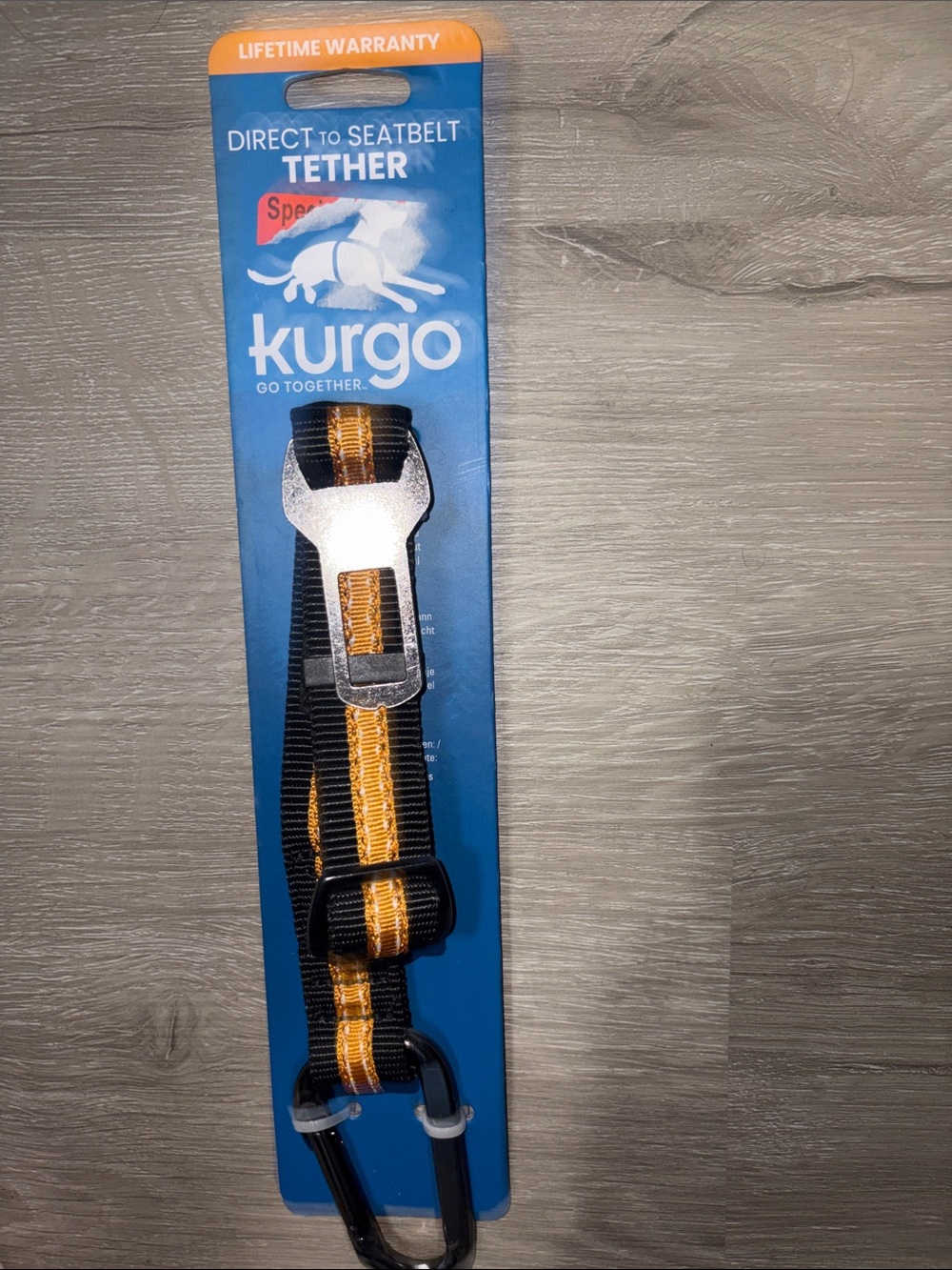 Kurgo Black and Yellow Direct-to-Seatbelt Pet Tether with Metal Buckle